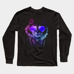 Furry DJ Cat In Neon Long Sleeve T-Shirt